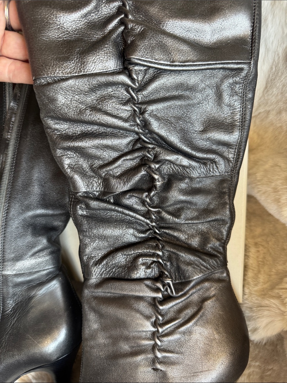 Diba Black Ruched Leather Mid-Calf Heeled Boots - Picture 6 of 13